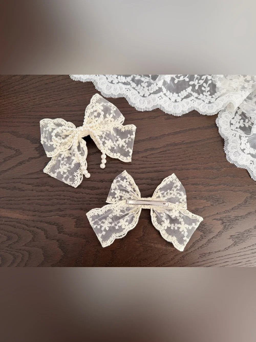 Handmade New Ivory Embroidered tulle Lace Bow Hair Clips